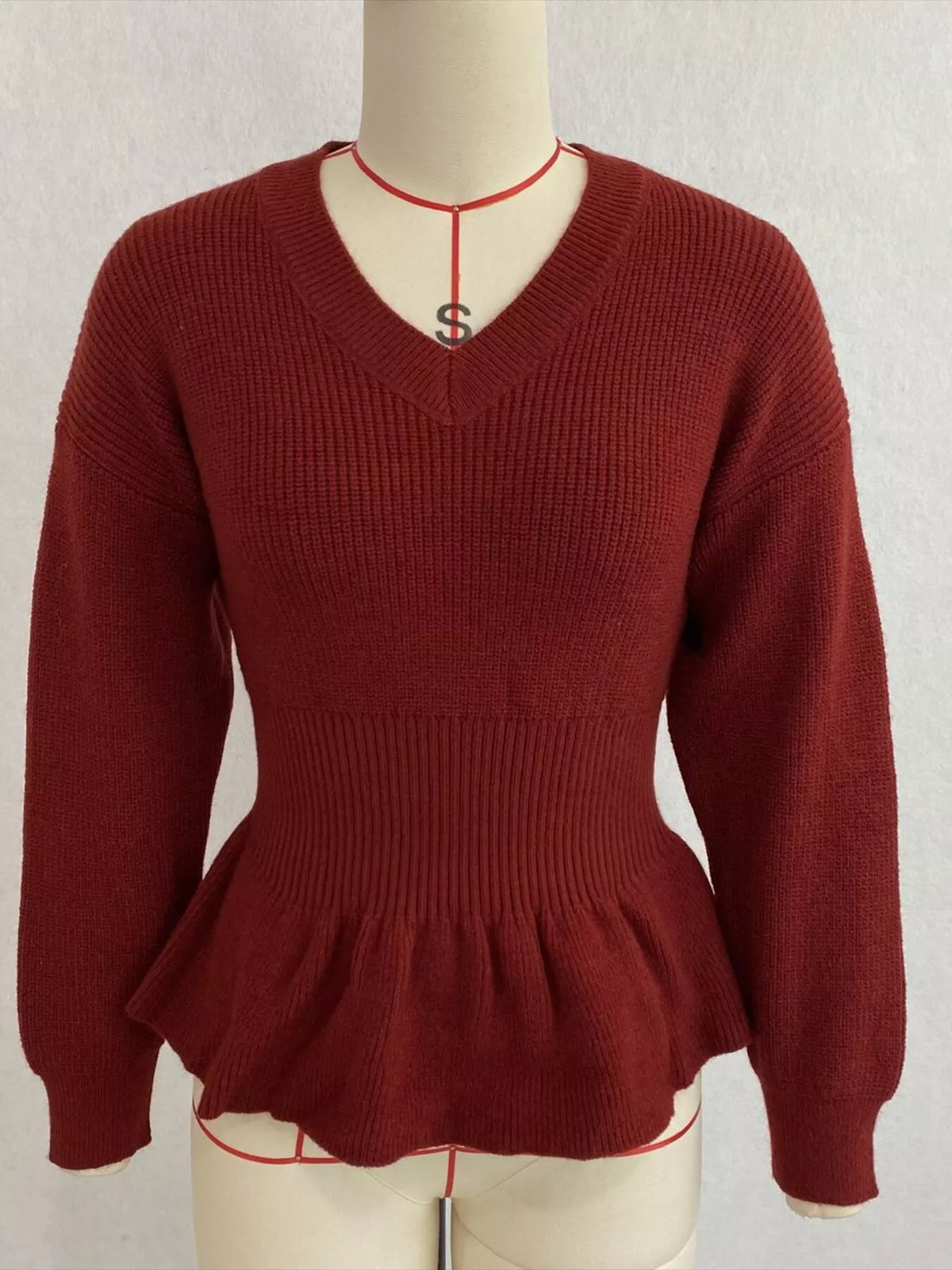 V-Neck Peplum Hem Ribbed Knit Top, view 28