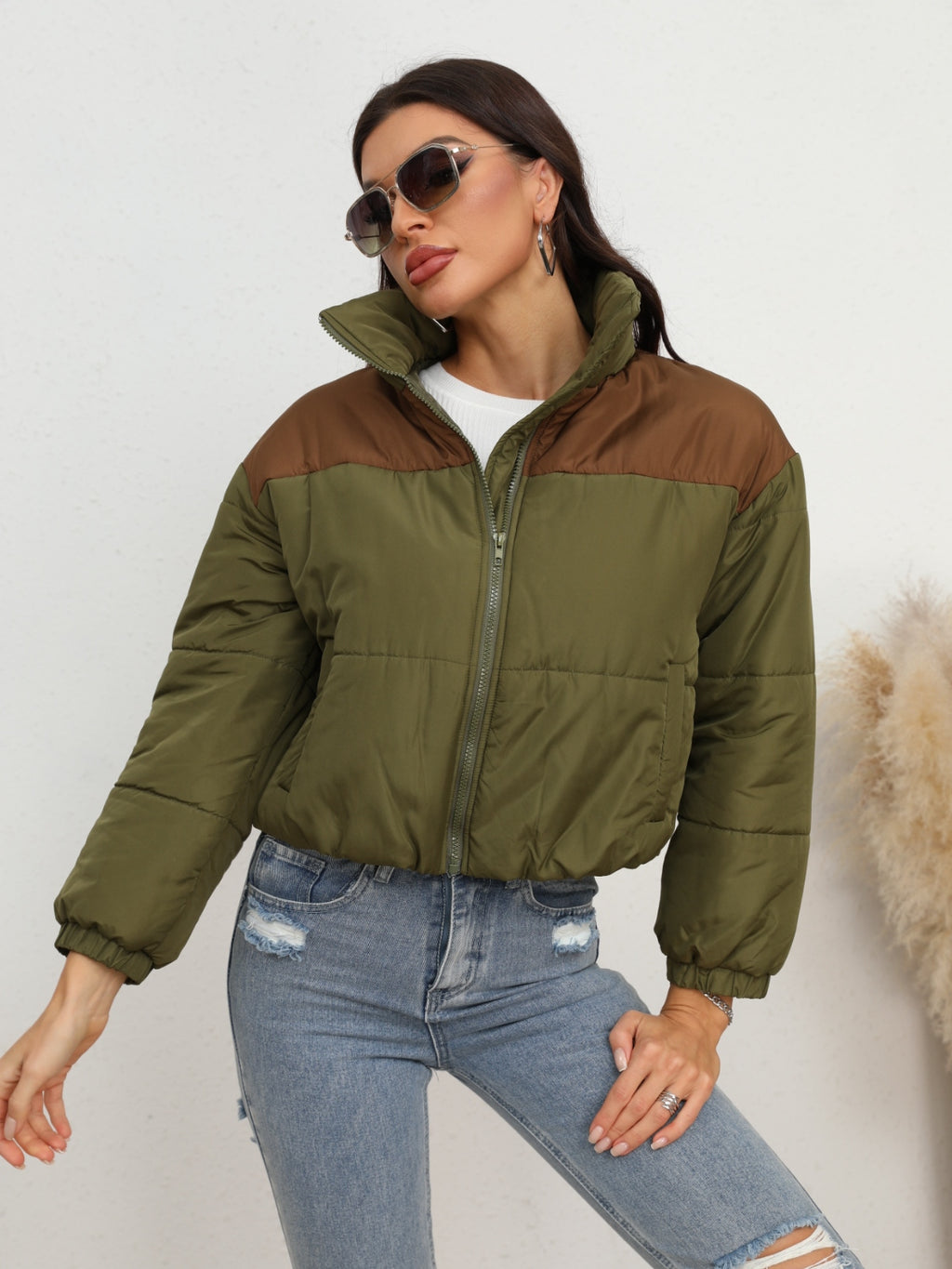 Two-Tone Zip-Up Puffer Jacket - Lilixa.store