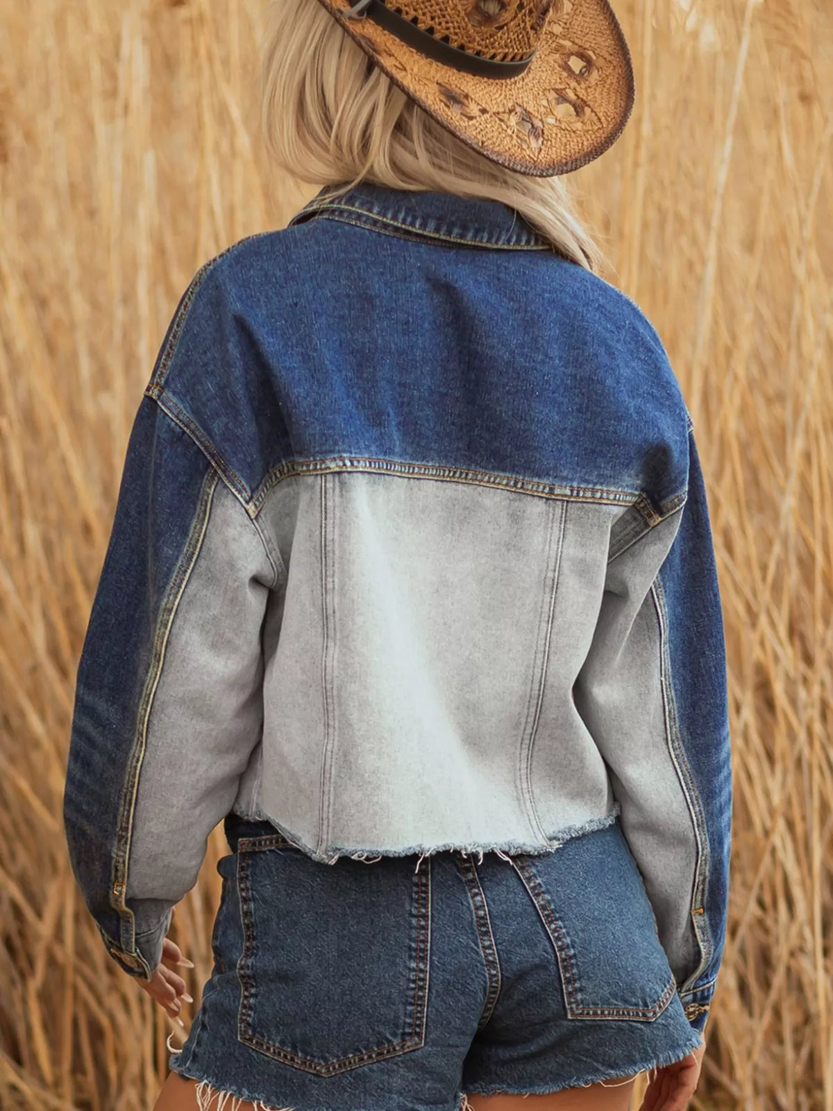 Color Block Patchwork Raw Hem Denim Jacket in Light Gray, view 3