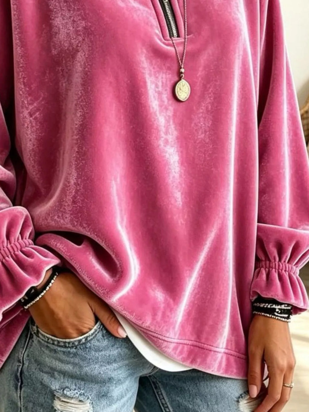 Velvet Quarter-Zip Sweatshirt with Ruffled Cuffs - Lilixa.store