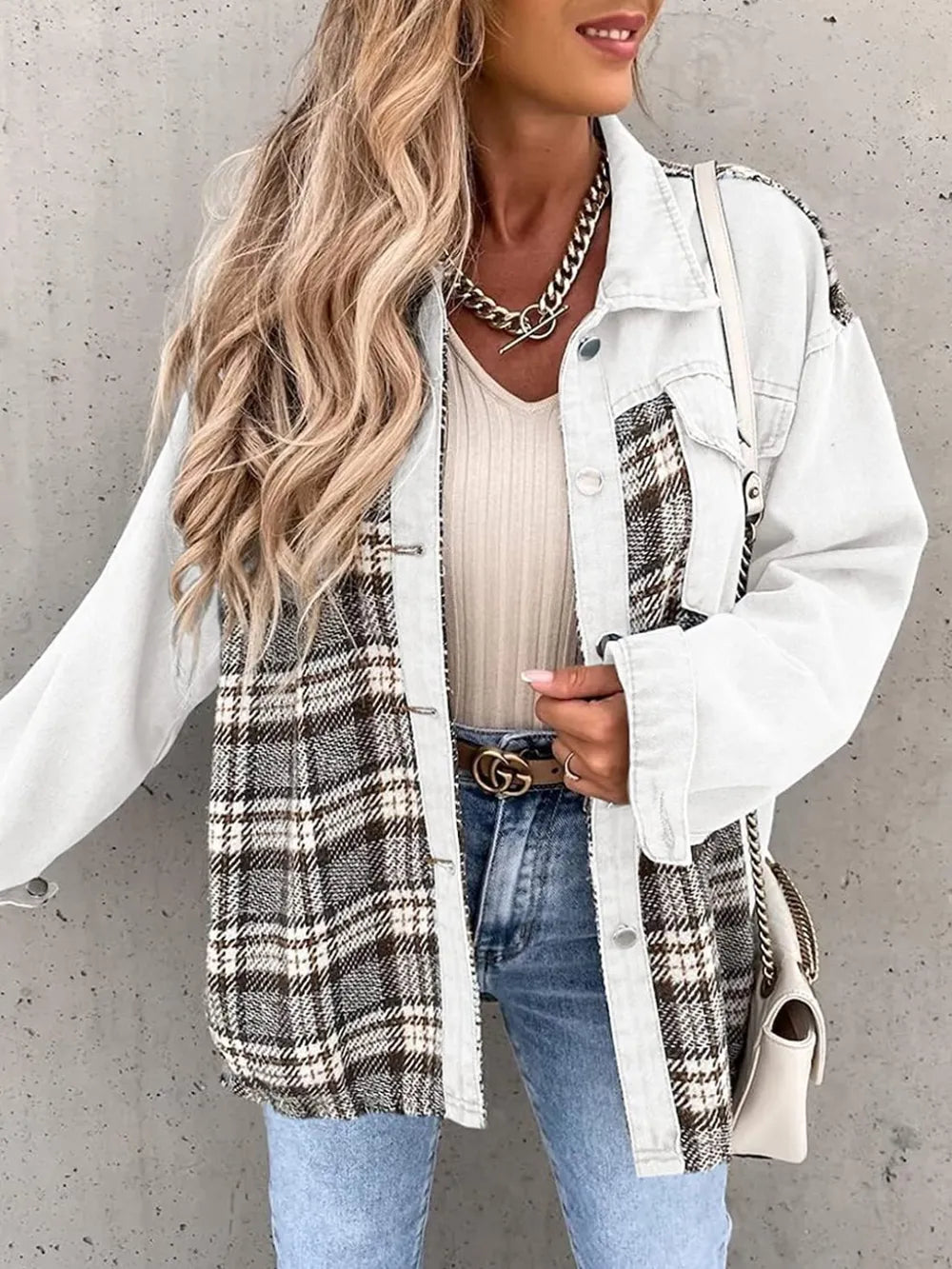 Plaid Button Up Dropped Shoulder Jacket in White
