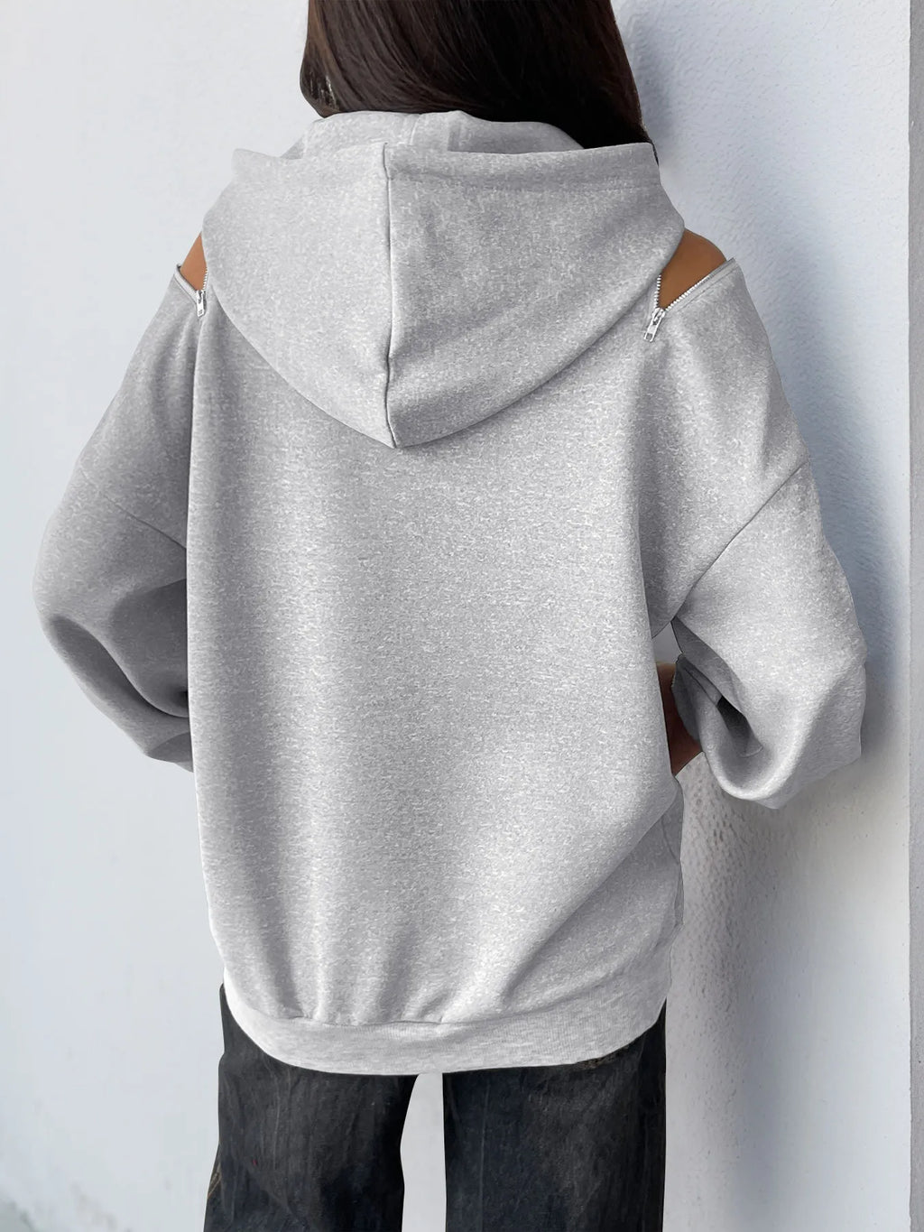 Drawstring Zip Detail Cold Shoulder Hoodie - Lilixa.store