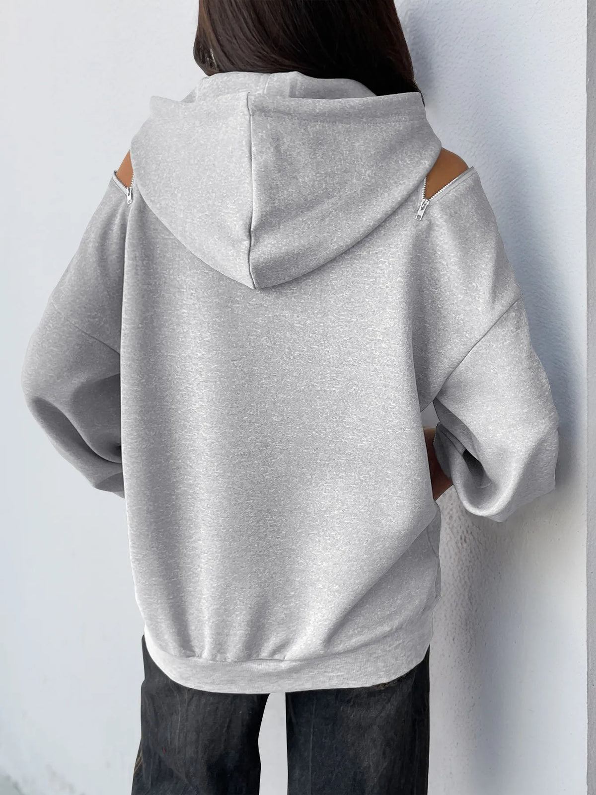 Drawstring Zip Detail Cold Shoulder Hoodie - Lilixa.store