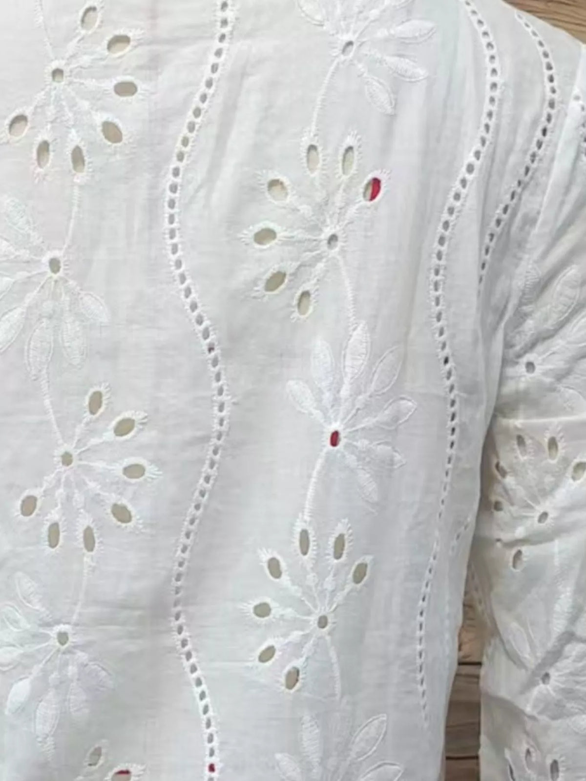 Full Size Embroidered Eyelet Long Sleeve Blouse Plus Size in White, view 3