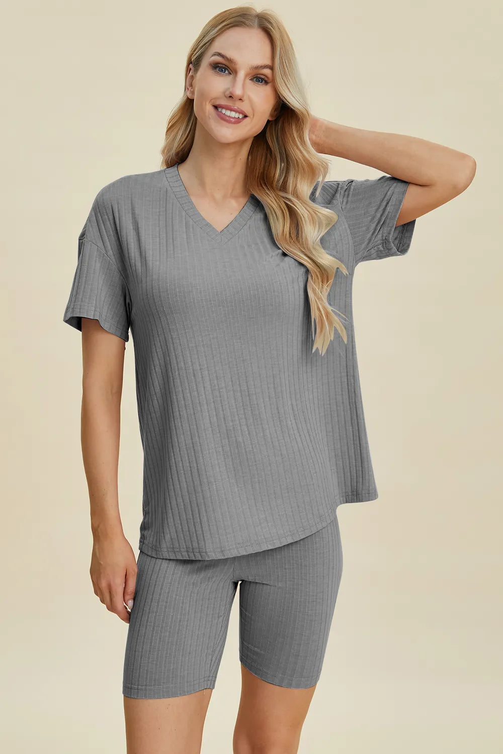 Basic Bae Full Size Ribbed V-Neck Short Sleeve Top and Shorts Set - Lilixa.store