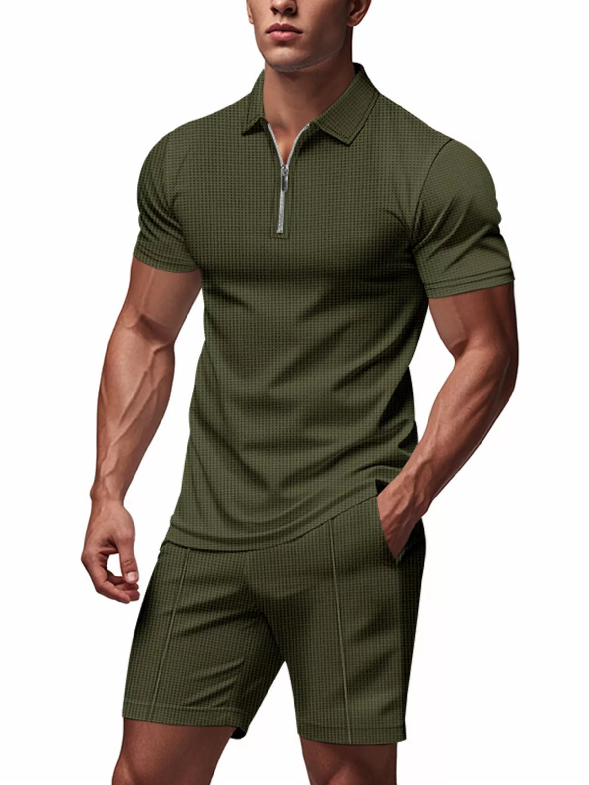 Men's Plus Size Quarter Zipper Polo Shirt and Shorts Set
