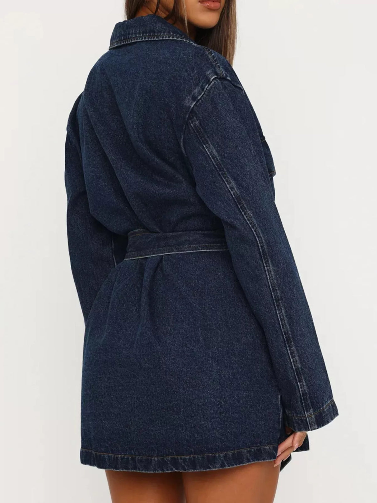 Long Sleeve Longline Denim Jacket with Belt in Dark Blue, view 4