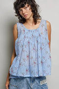 POL Round Neck Sleeveless Floral Pleated Cotton Top - Lilixa.store