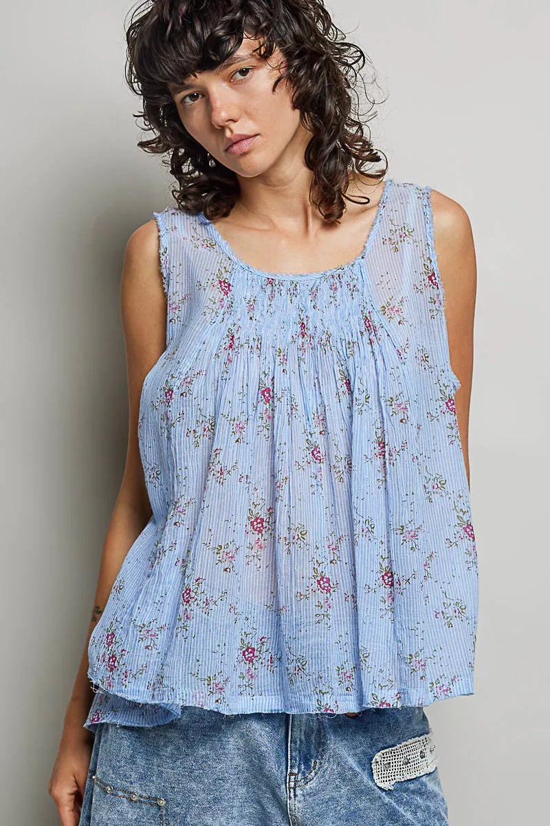 POL Round Neck Sleeveless Floral Pleated Cotton Top - Lilixa.store
