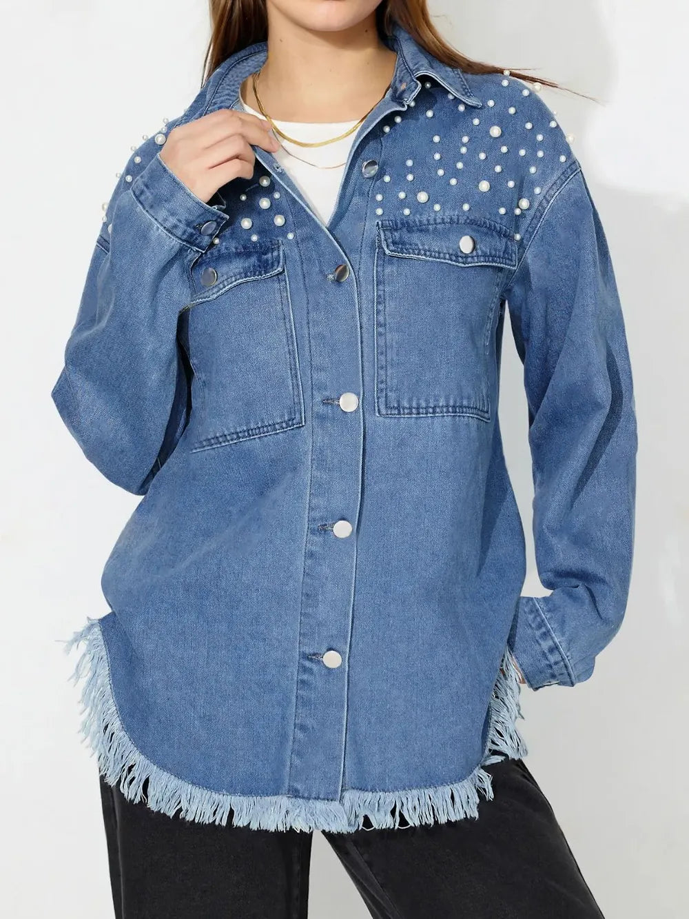 Raw Hem Pearl Trim Collared Neck Denim Top - Lilixa.store