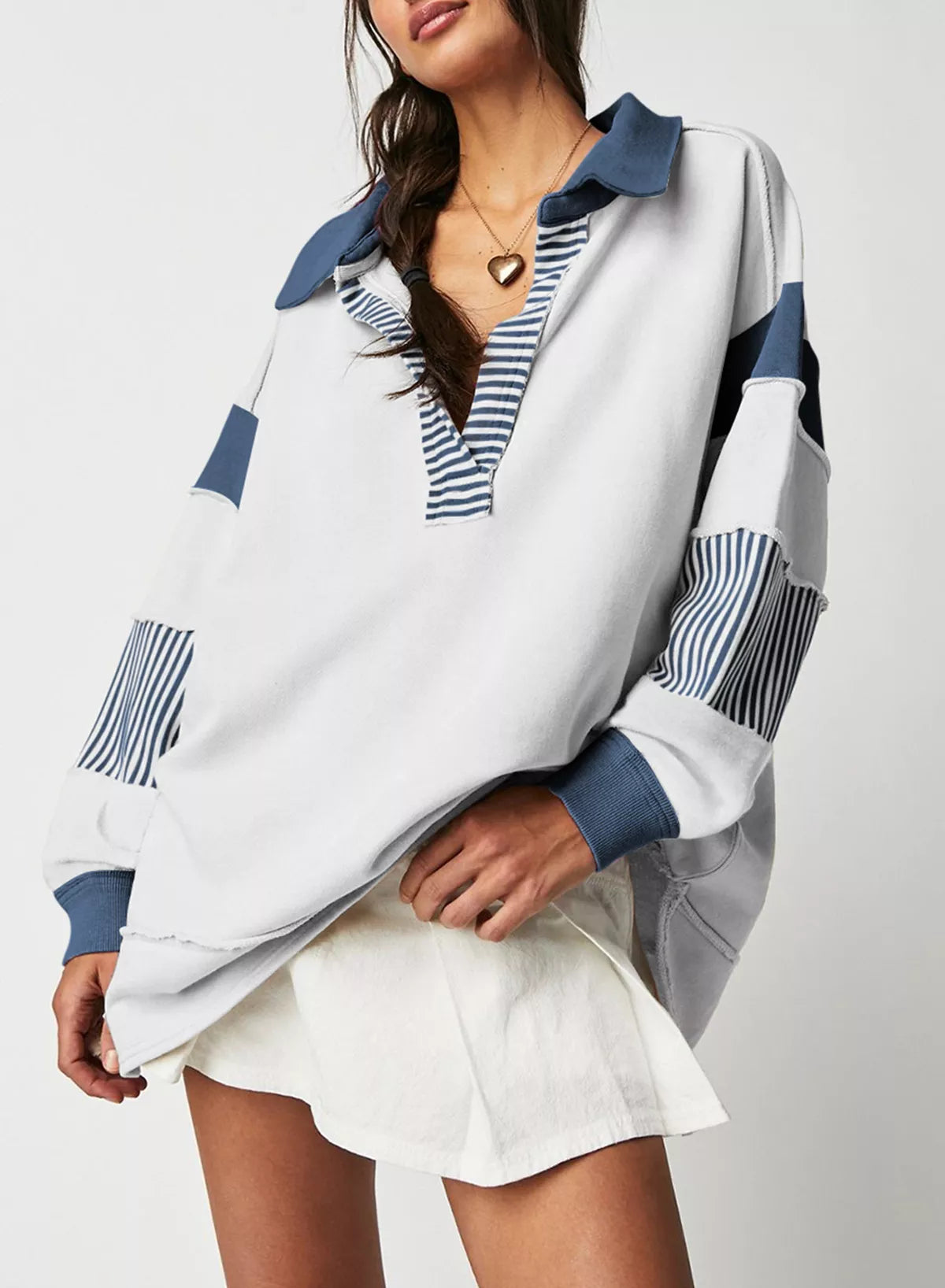 Color Block Striped Johnny Collar Sweatshirt - Lilixa.store
