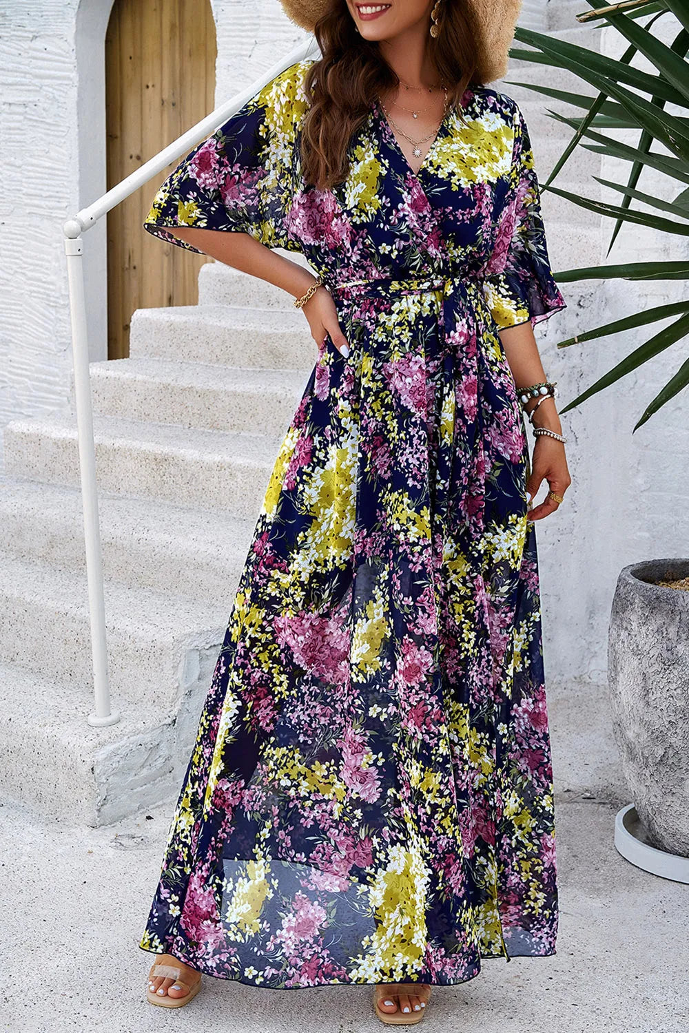 Devine Printed Tied Half Sleeve Slit Dress - Lilixa.store