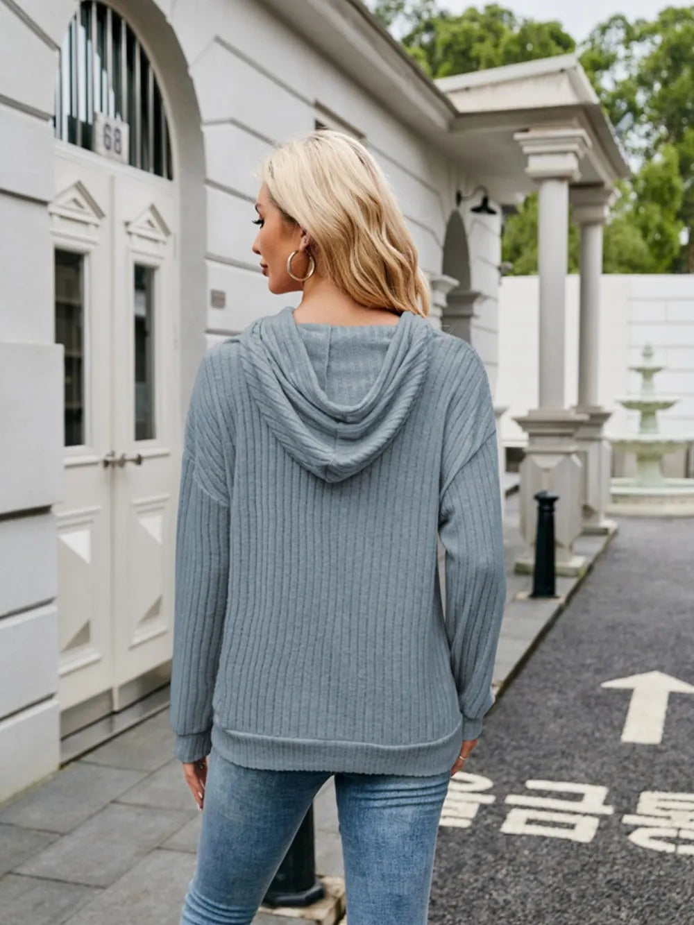 Ribbed Drawstring Long Sleeve Hoodie - Lilixa.store