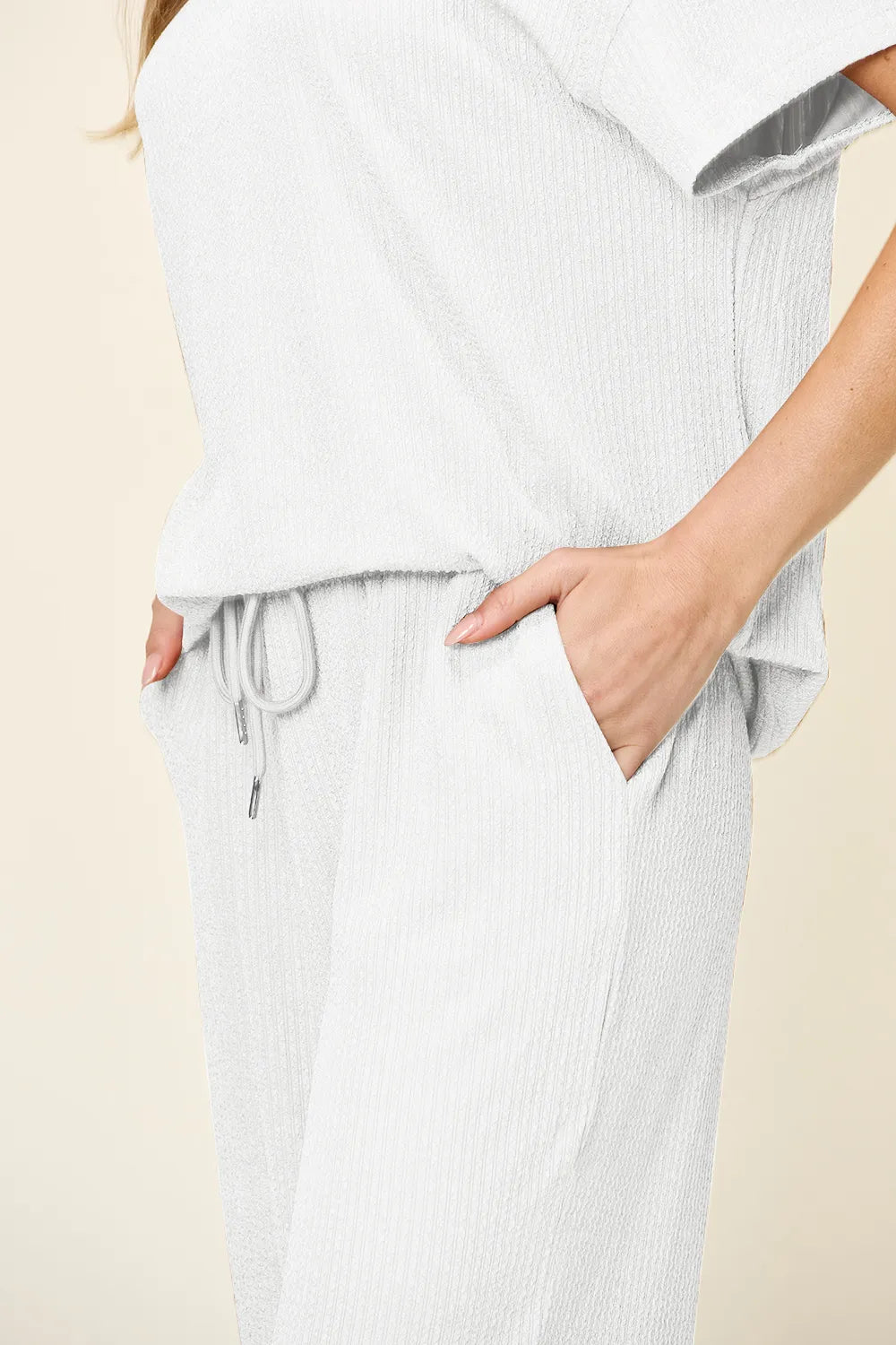 Double Take Full Size Texture Round Neck Short Sleeve T-Shirt and Wide Leg Pants, view 24