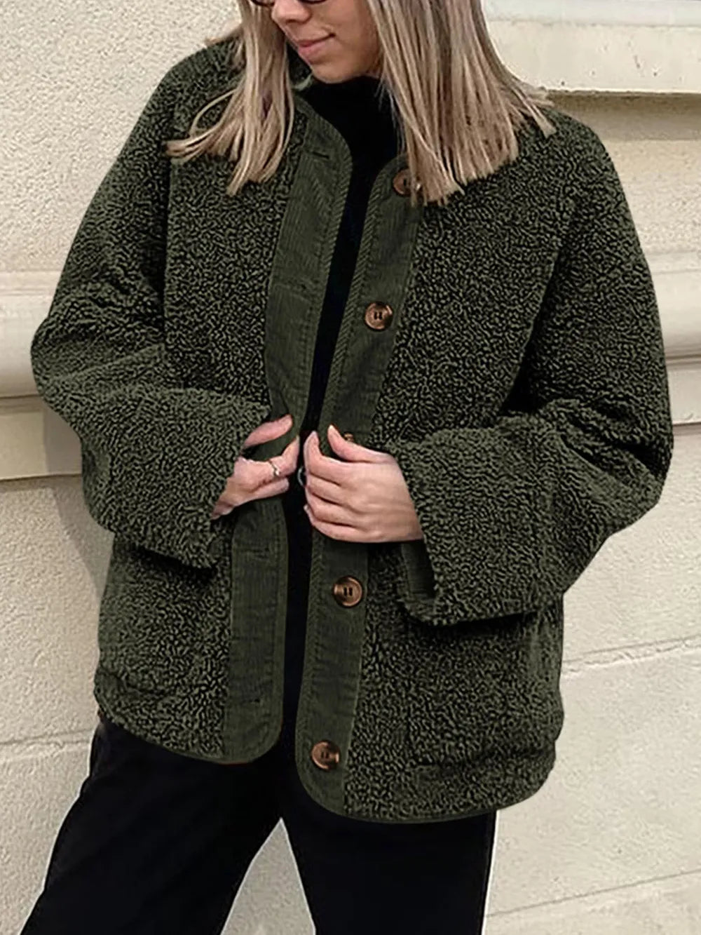 Contrast Button Up Sherpa Jacket with Pockets, view 5