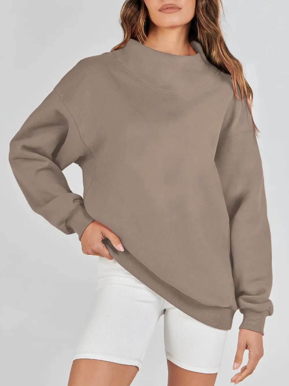 Mock Neck Drop Shoulder Long Sleeve Sweatshirt - Lilixa.store