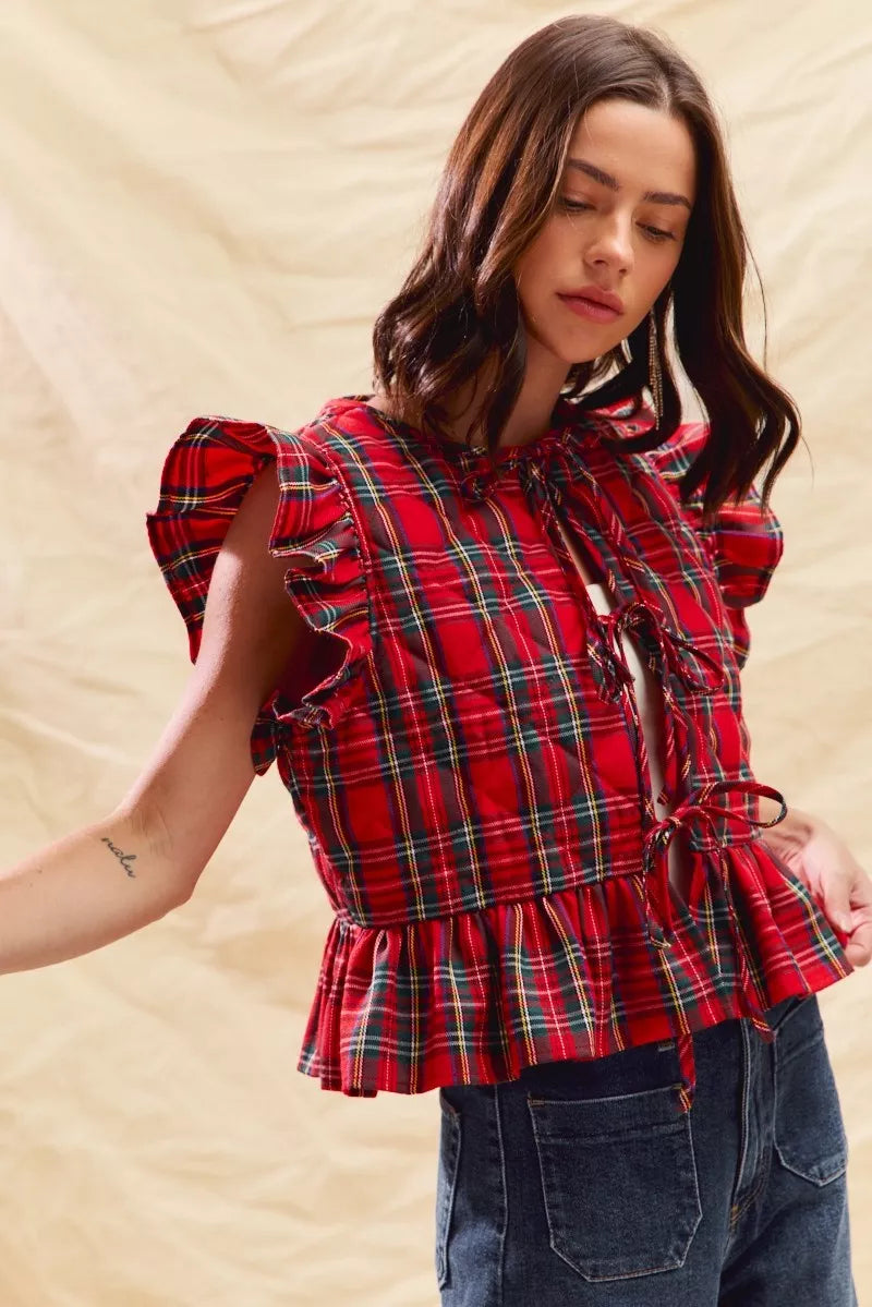 SO ME Christmas Holiday Plaid Ruffled Quilt Vest Top - Lilixa.store