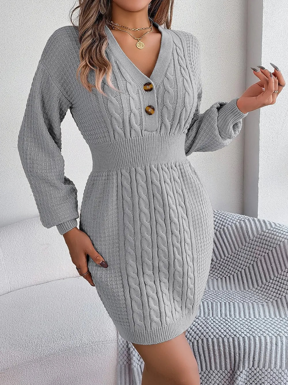 Buttoned Cable-Knit V-Neck Sweater Dress in Charcoal