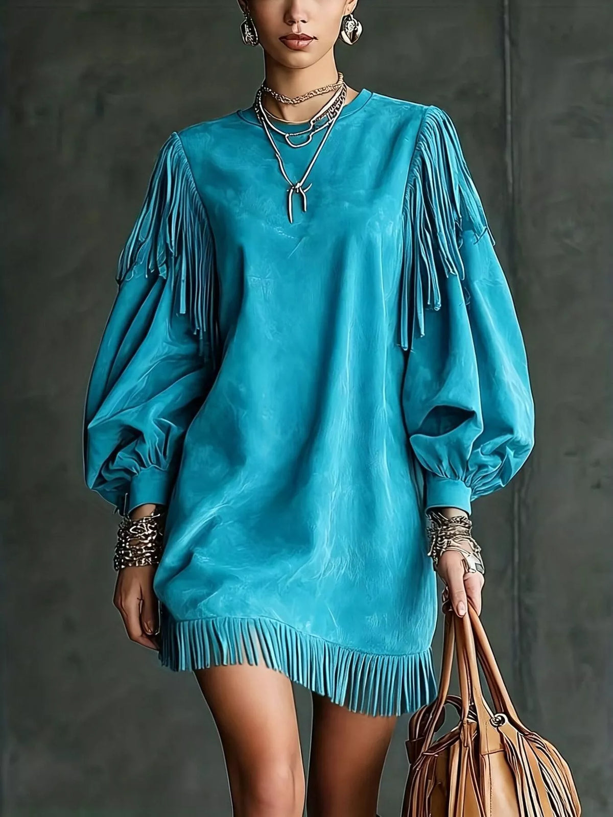Fringe Detail Lantern Sleeve Mini Dress - Lilixa.store