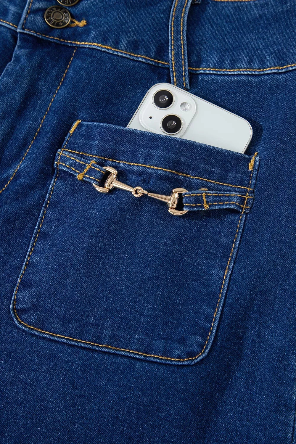 Hardware Decor Patched Pockets Wide Leg Jeans - Lilixa.store