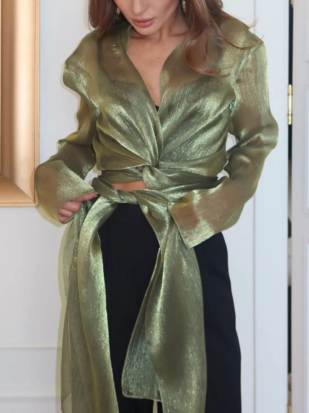 Sheer Front Tie Detail Long Sleeve Shirt - Lilixa.store