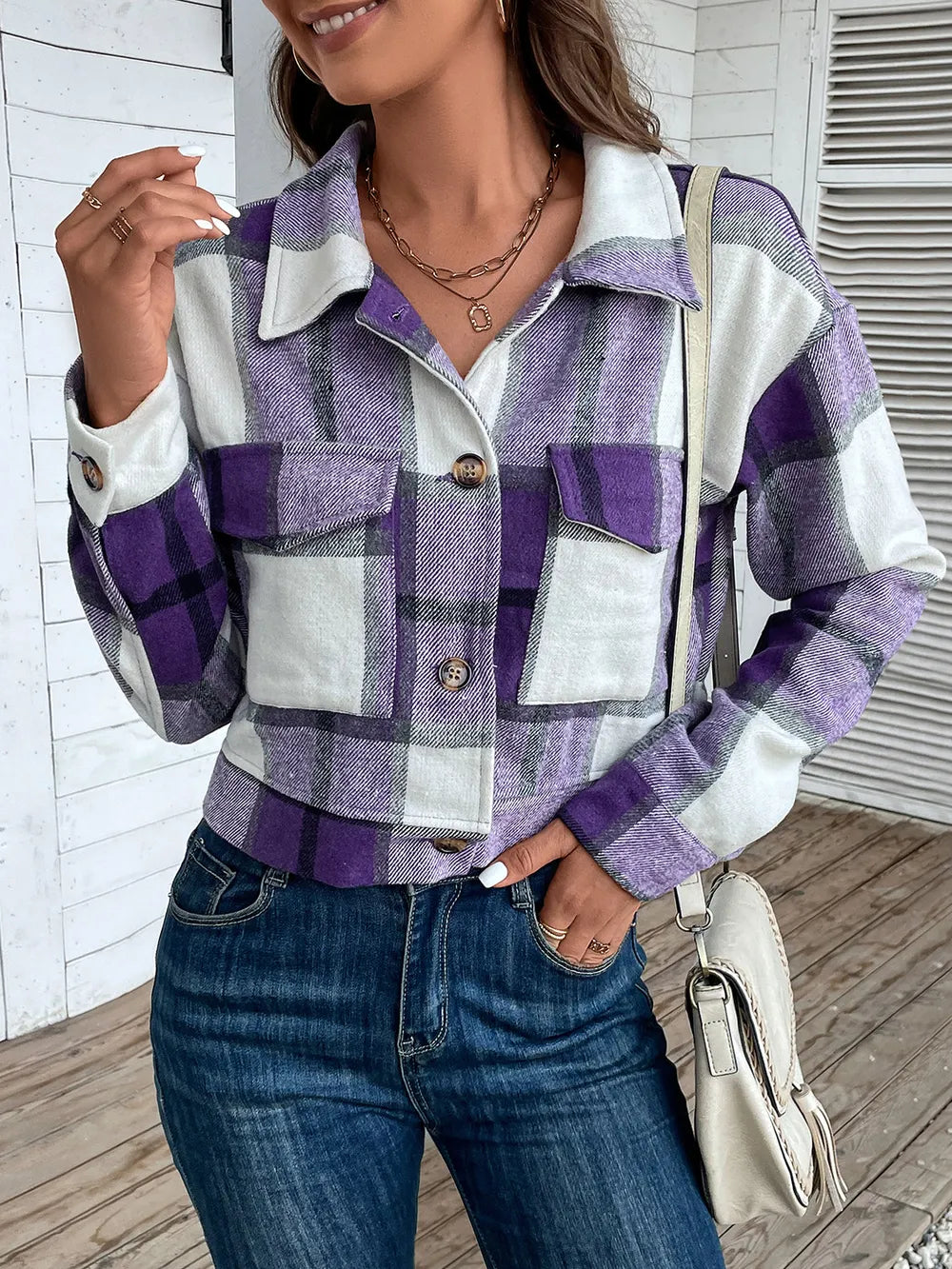 Perfee Plaid Button Up Drop Shoulder Cropped Jacket in Blue Purple