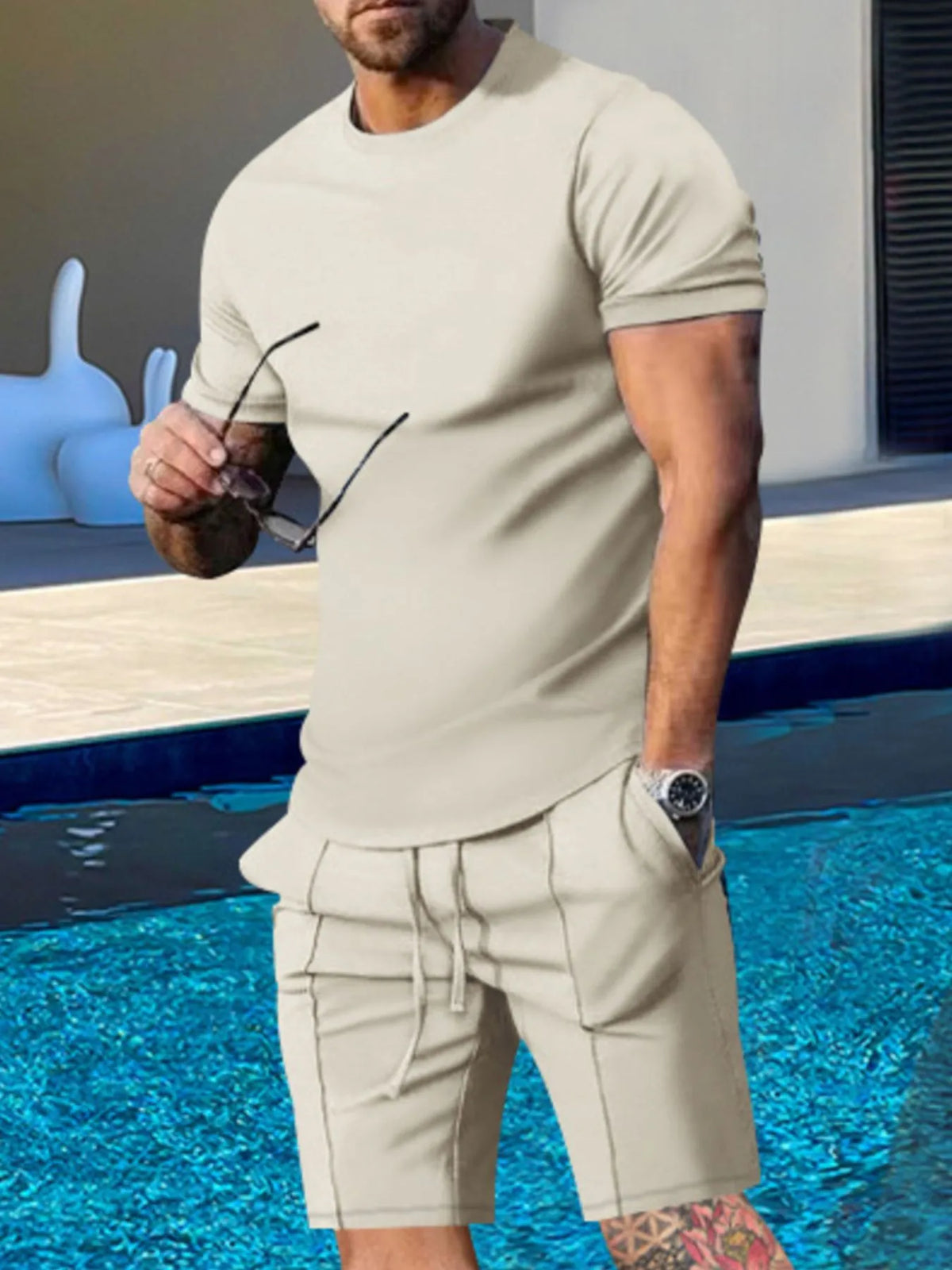 Men's Plus Size Round Neck Short Sleeve Top and Shorts Set in Khaki