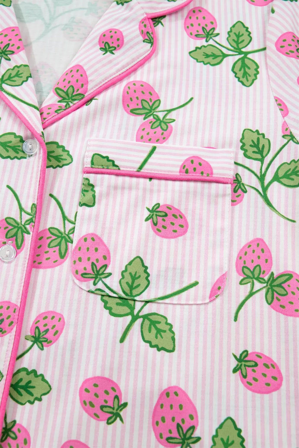 Striped Strawberry Print Lapel Shirt Drawstring Shorts 2pcs Pajama Set - Lilixa.store