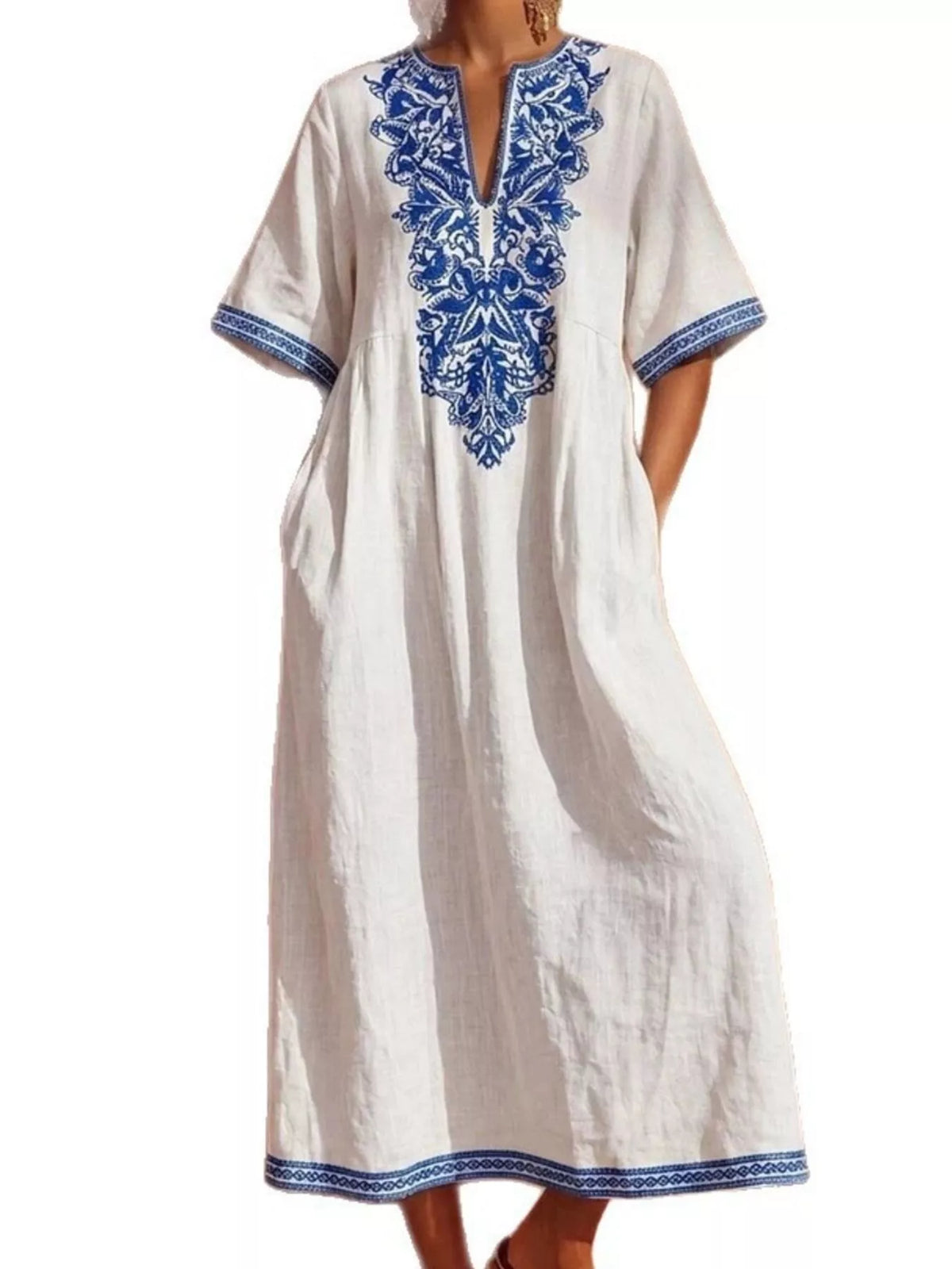 Printed Notched Half Sleeve Midi Dress