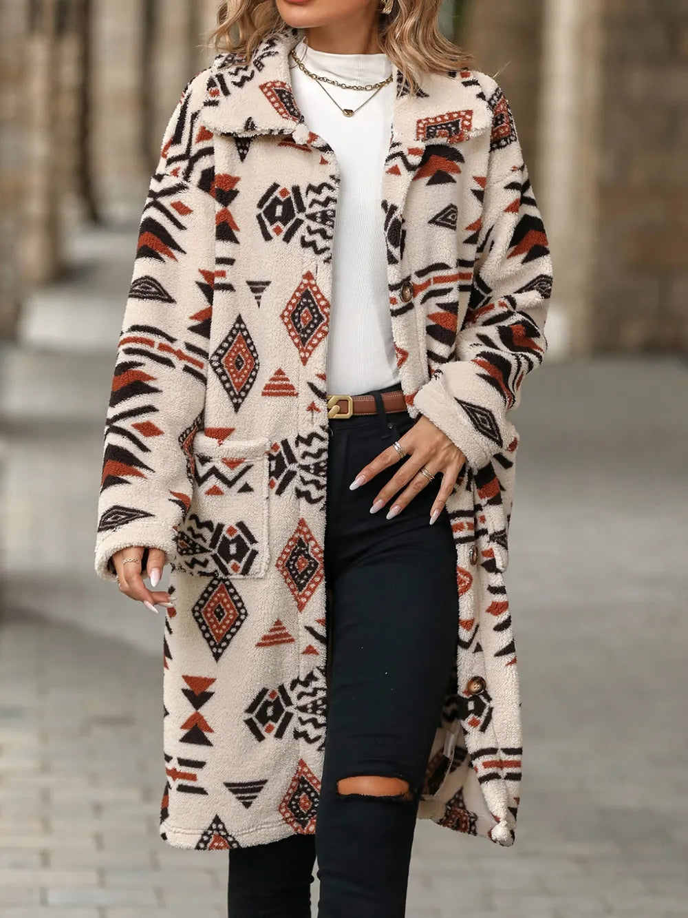 Geometric Pocketed Dropped Shoulder Coat in Tan