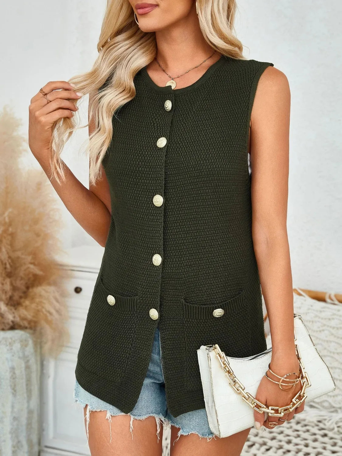 Button Down Round Neck Knit Vest, view 2