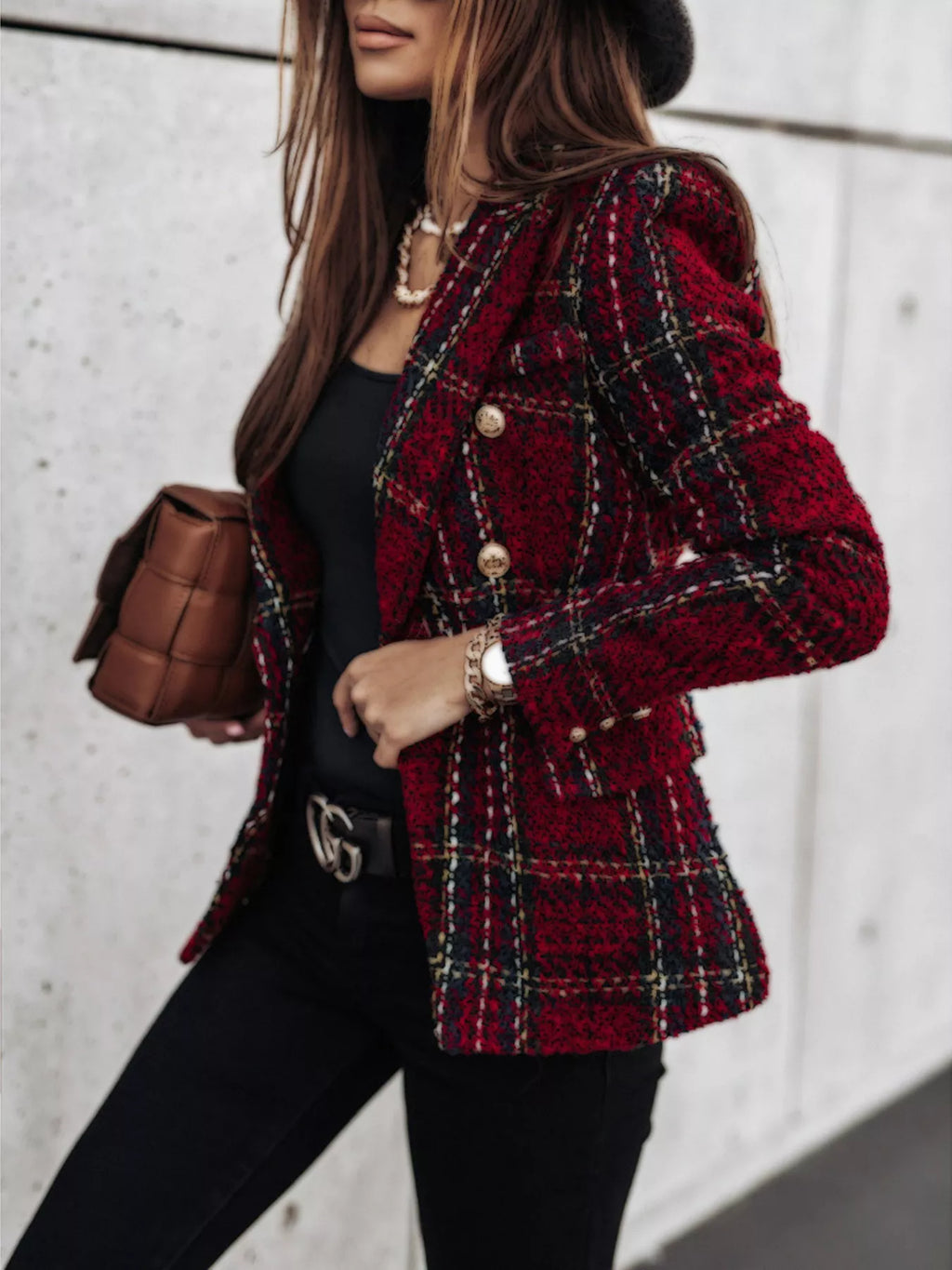 Full Size Plaid Tweed Double-Breasted Blazer Plus Size - Lilixa.store