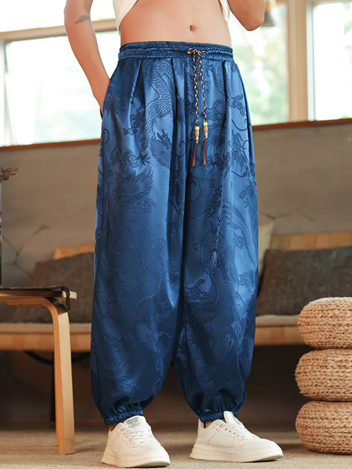 Men's Plus Size Dragon Pattern Silk Harem Pants in Navy Blue