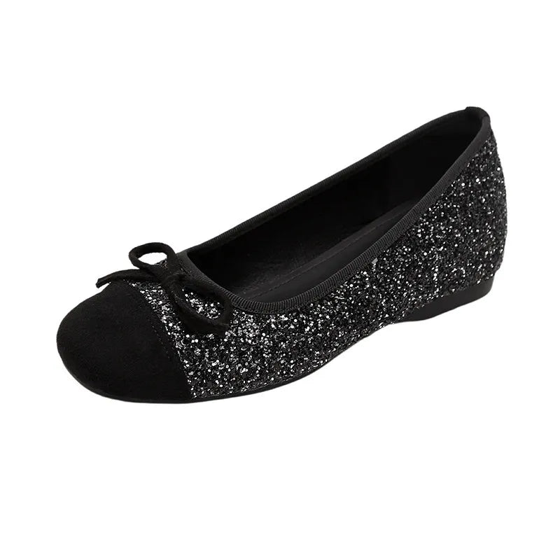 Bow Contrast Sequin Round Toe Slip-Ons, view 2