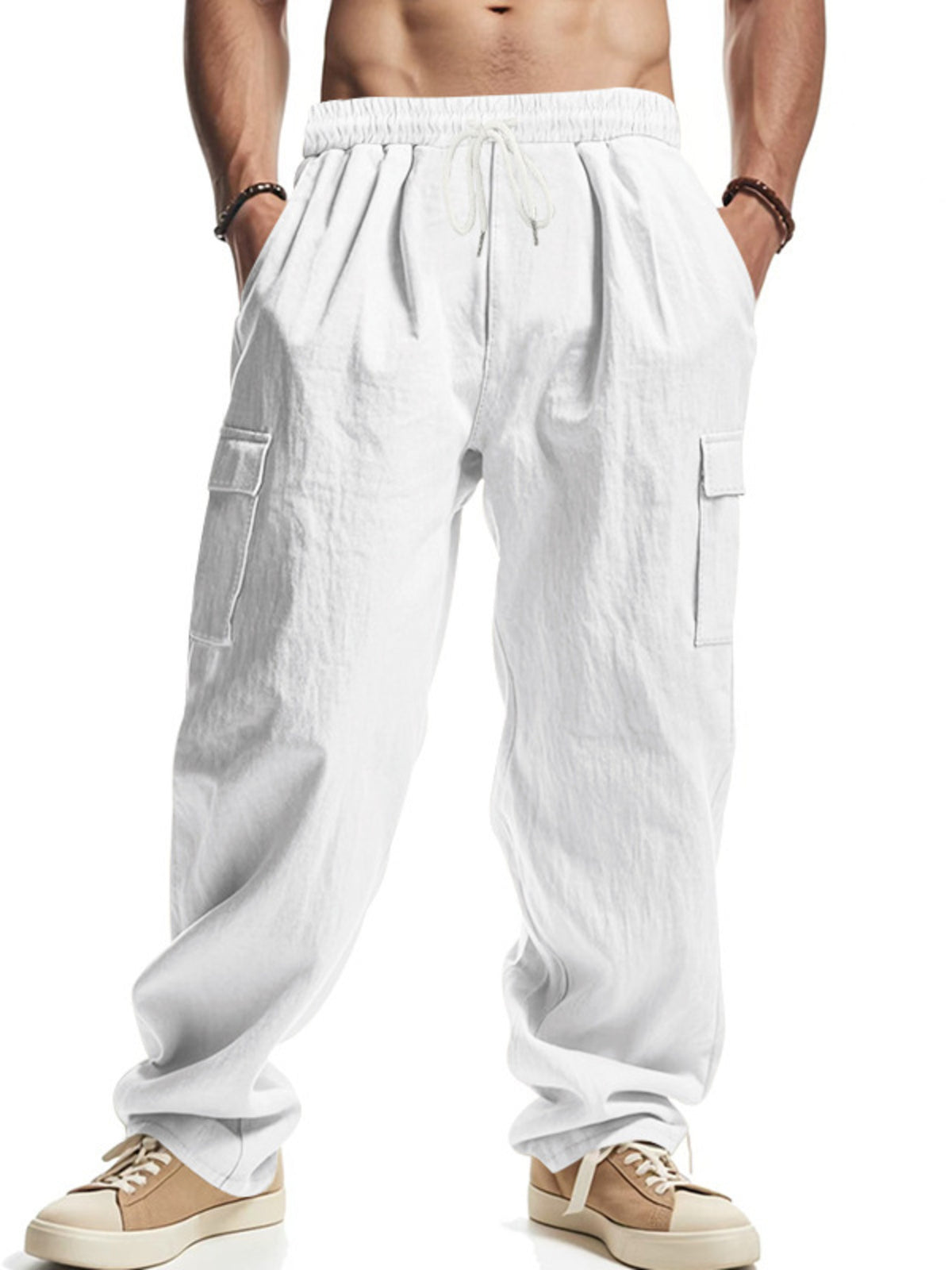 Men's Full Size Relaxed Fit Cargo Drawstring Pants Plus Size in White