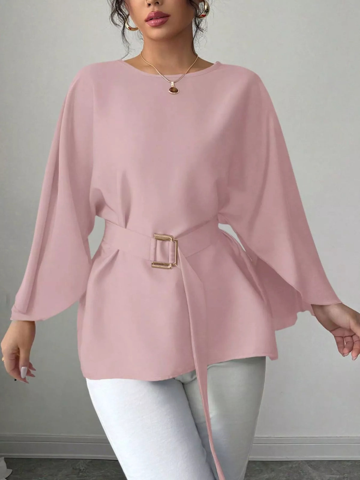 Round Neck Belt Batwing Sleeve Blouse - Lilixa.store