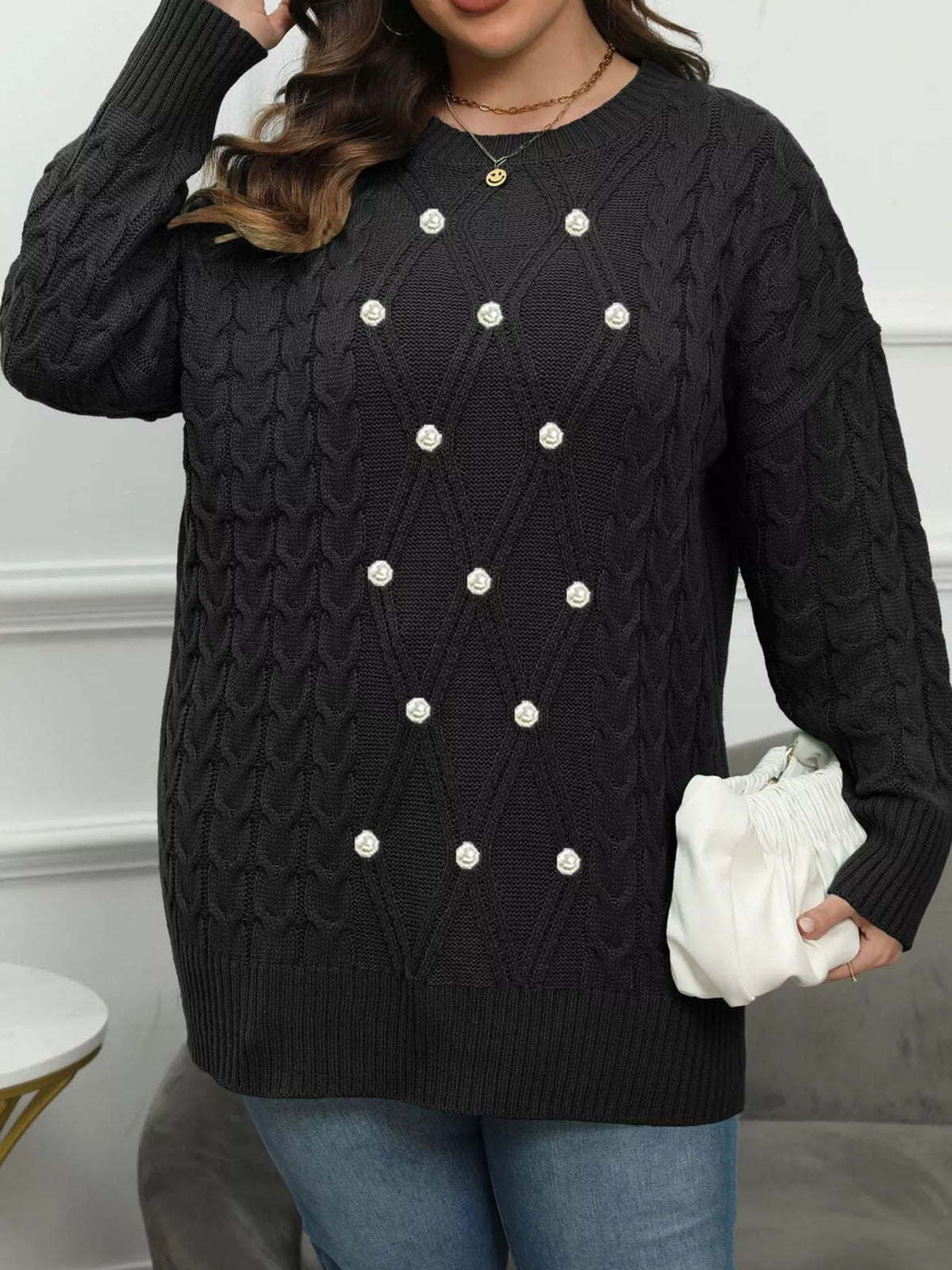 Plus Size Cable Knit Dropped Shoulder Sweater - Lilixa.store