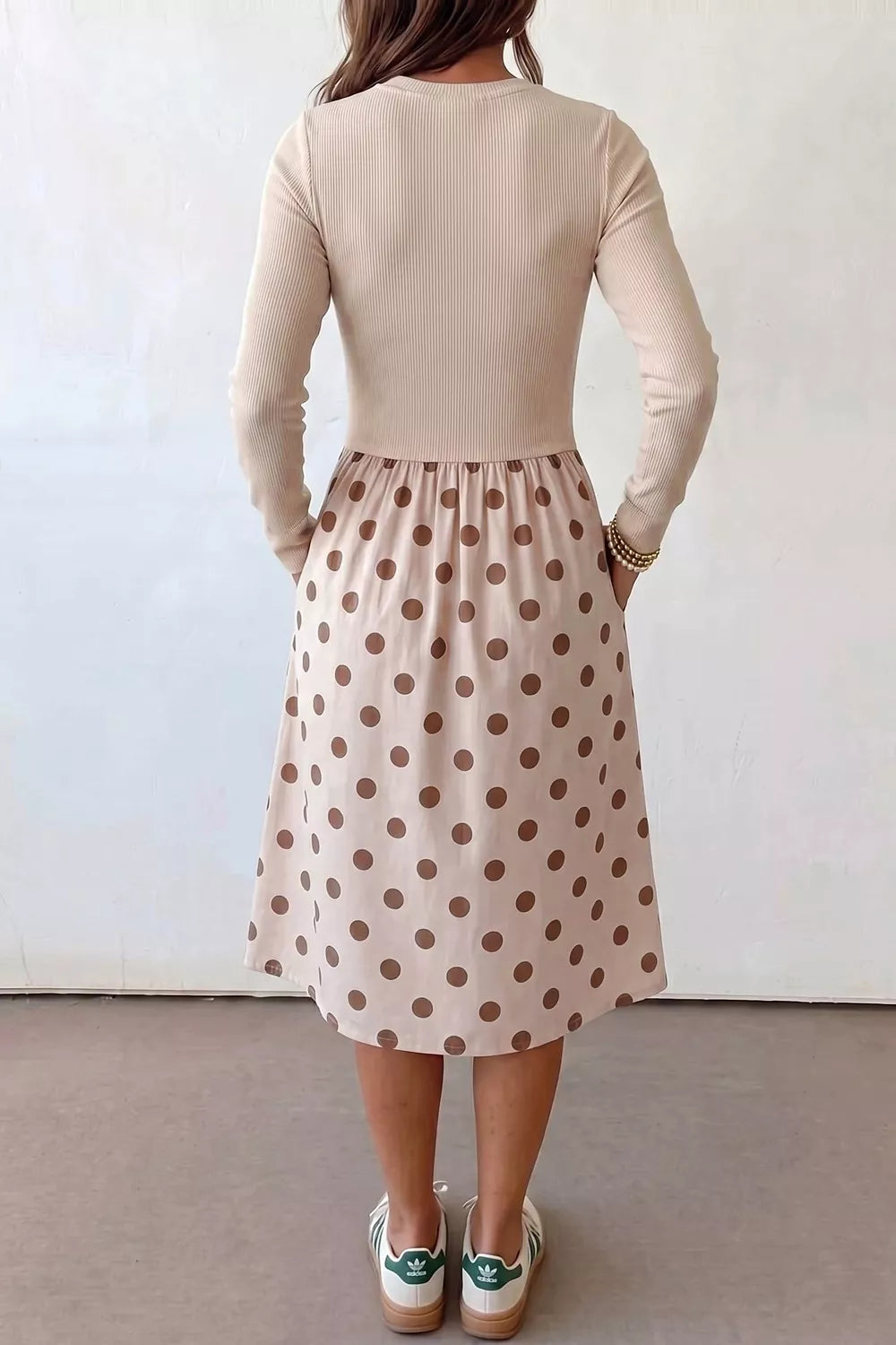 Polka Dot Midi Long Sleeve Dress in Beige, view 3