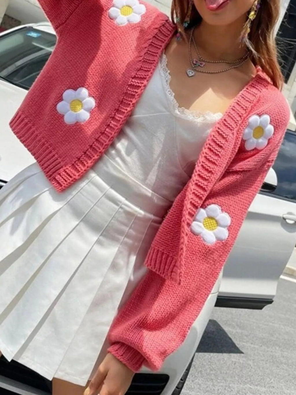 Floral Open Front Knit Cardigan - Lilixa.store