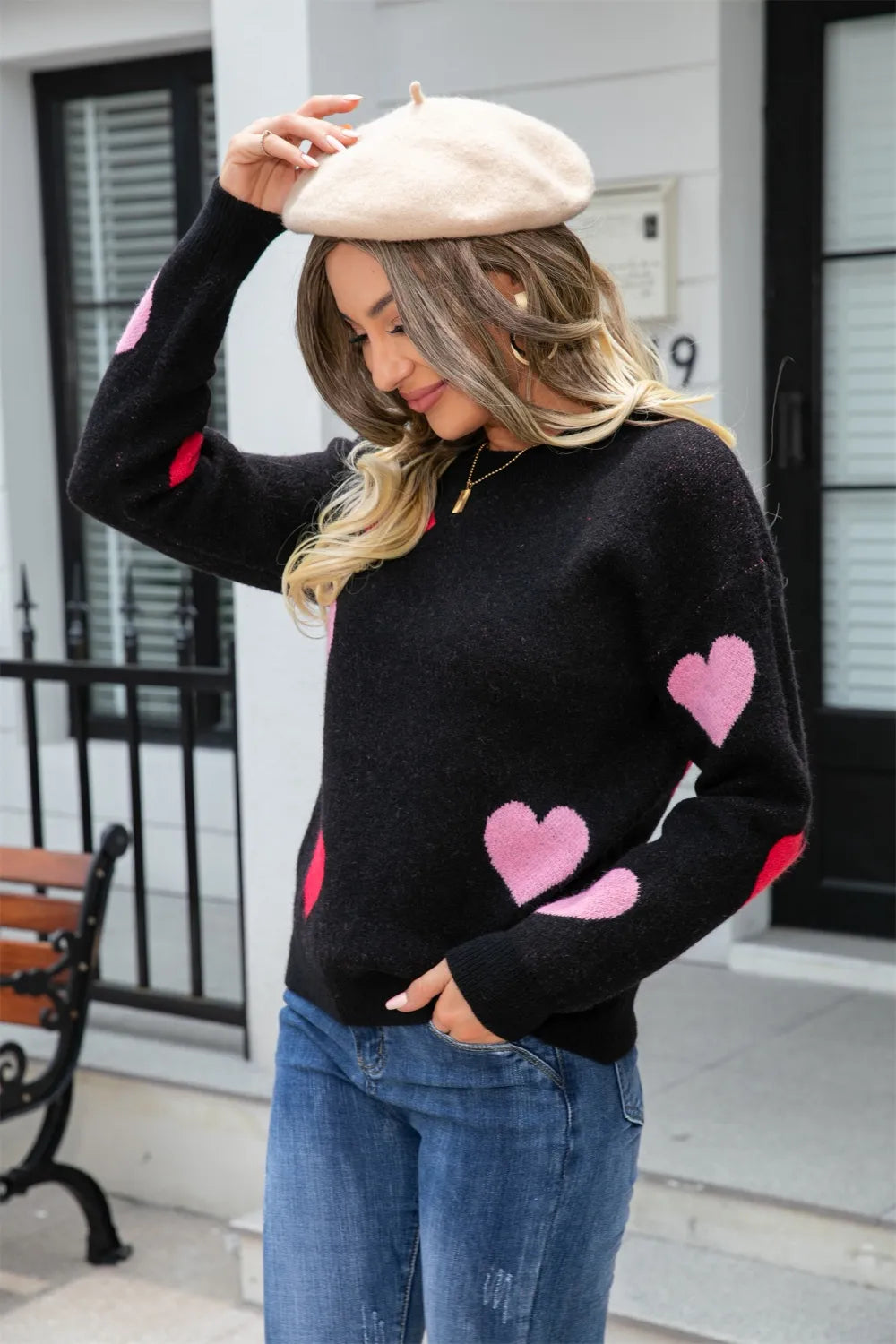 Angel Wings Heart Round Neck Droppped Shoulder Sweater, view 11