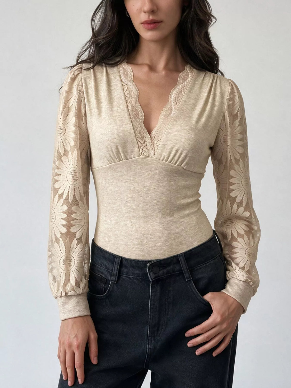 V-Neck Lace Trim Floral Mesh Sleeve Bodysuit - Lilixa.store