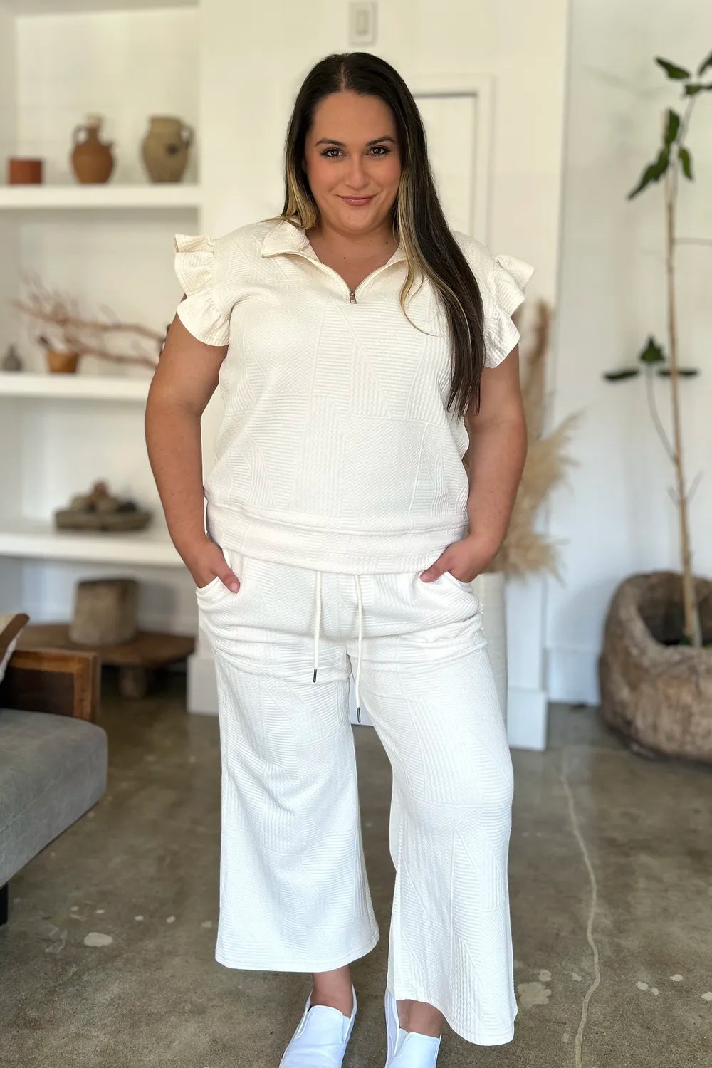 Double Take Full Size Texture Ruffle Short Sleeve Top and Wide Leg Pants Set, view 6