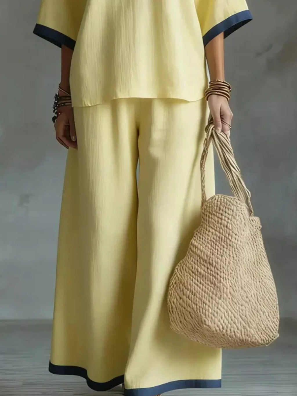 Full Size Contrast Trim V-Neck Top and Pants Set Plus Size - Lilixa.store