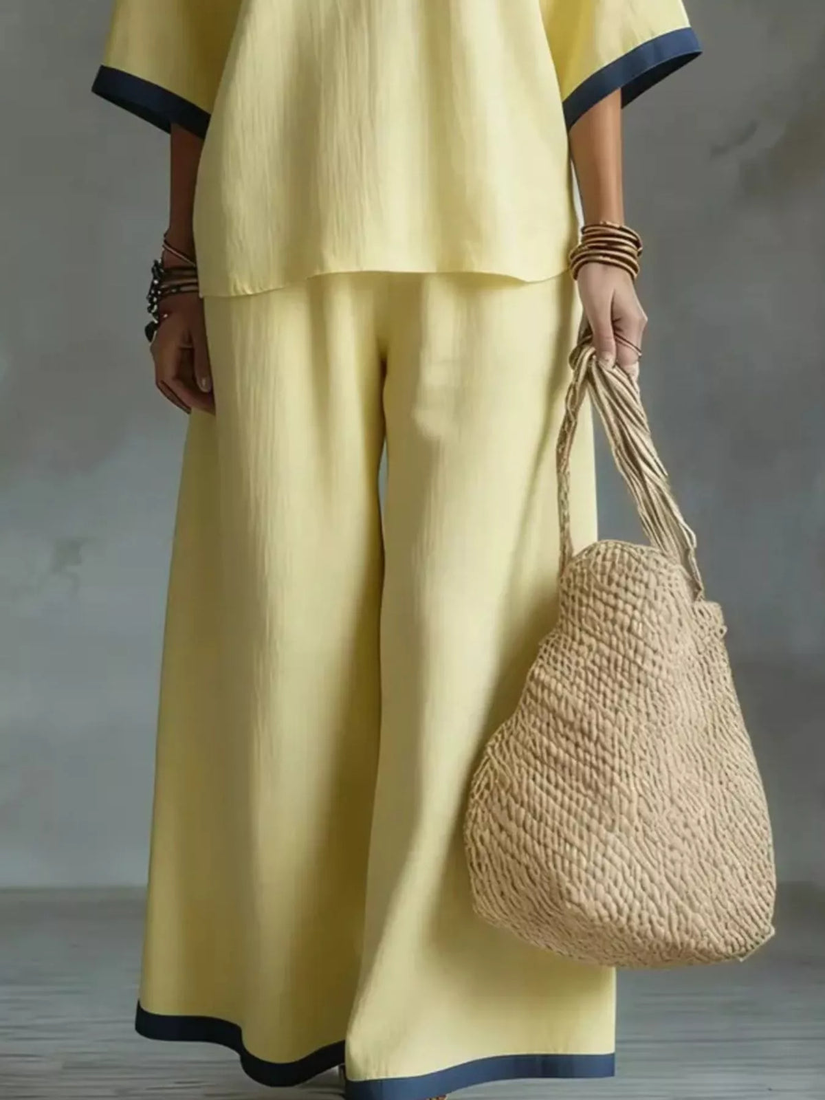 Full Size Contrast Trim V-Neck Top and Pants Set Plus Size, view 8