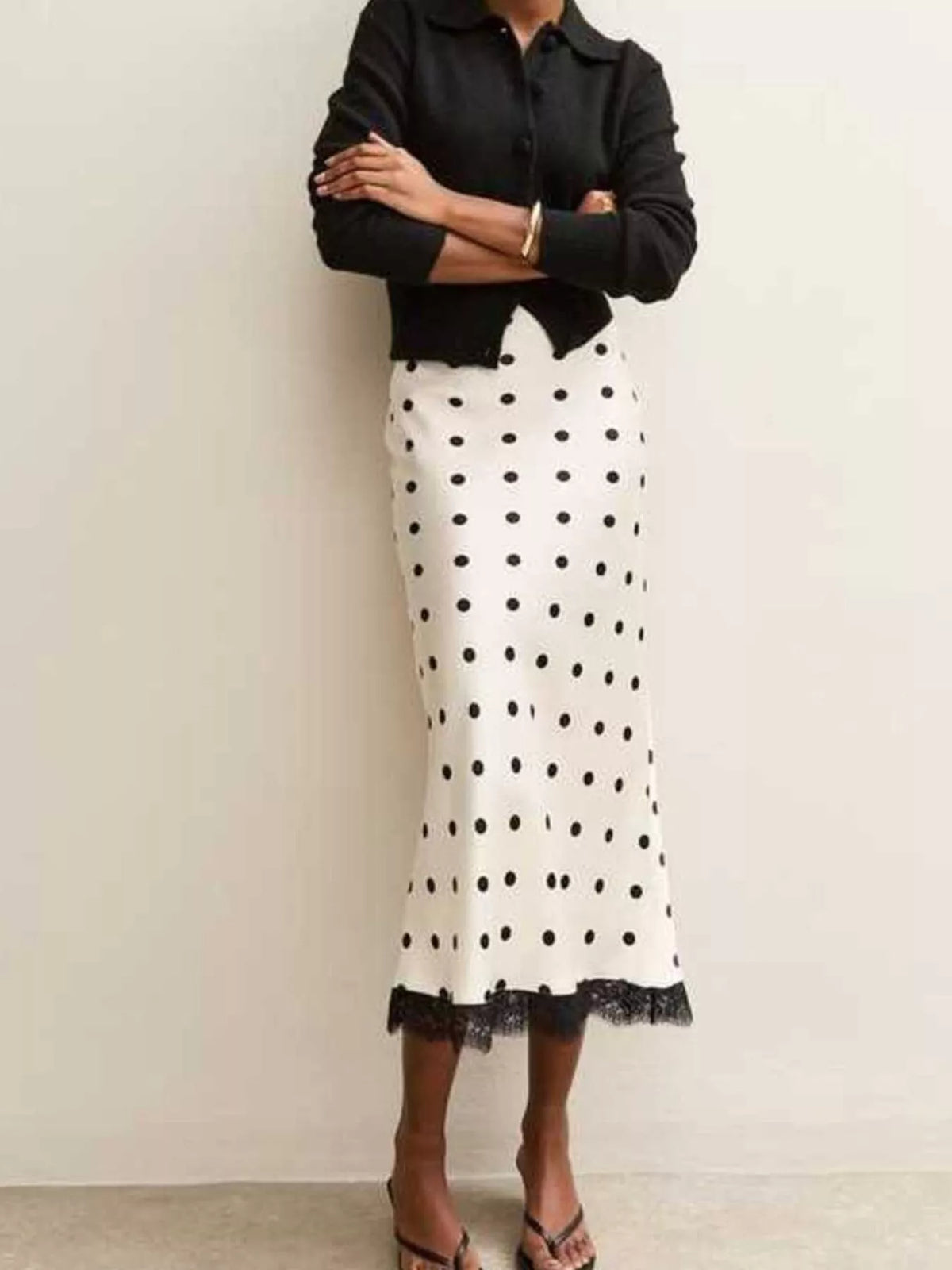 Polka Dot Midi Skirt with Lace Trim - Lilixa.store