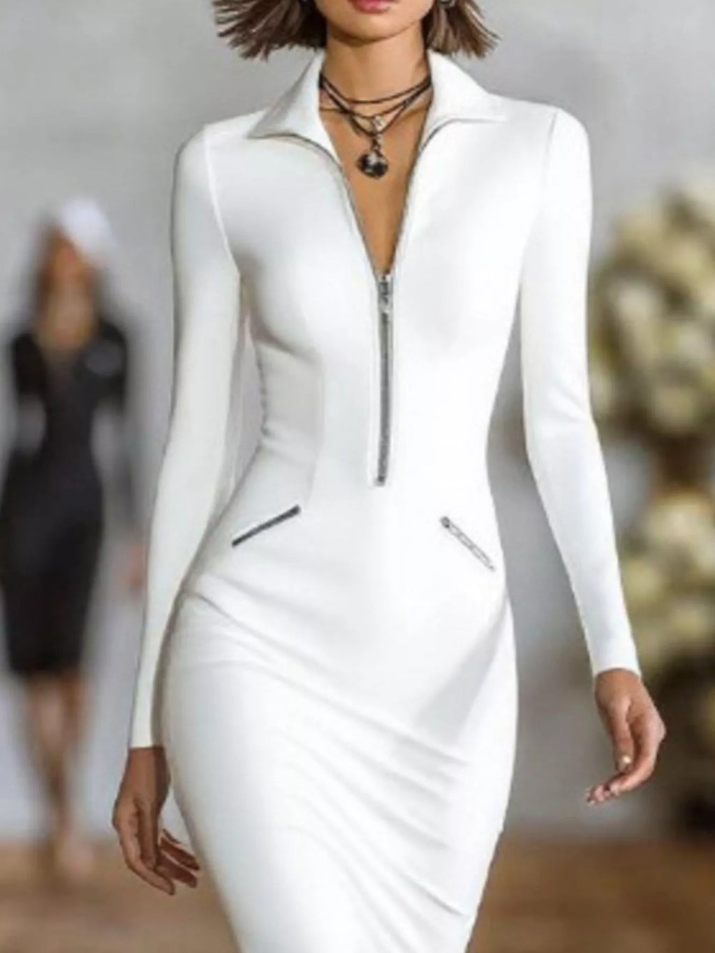 Full Size Zip-Front Bodycon Midi Dress Plus Size - Lilixa.store