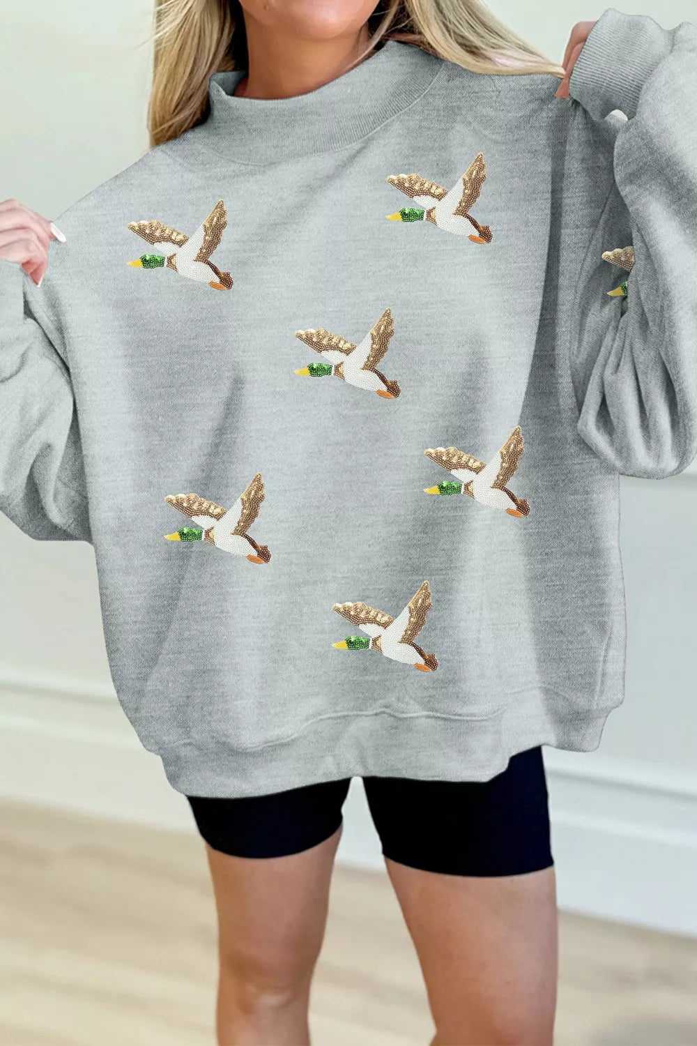 Sequin Mallard Graphic Mock Neck Baggy Pullover Sweatshirt - Lilixa.store