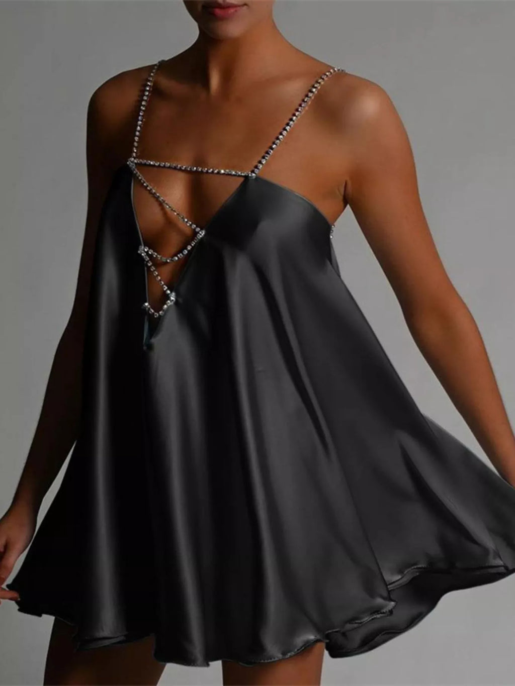 Rhinestone Embellished Plunge Mini Dress - Lilixa.store