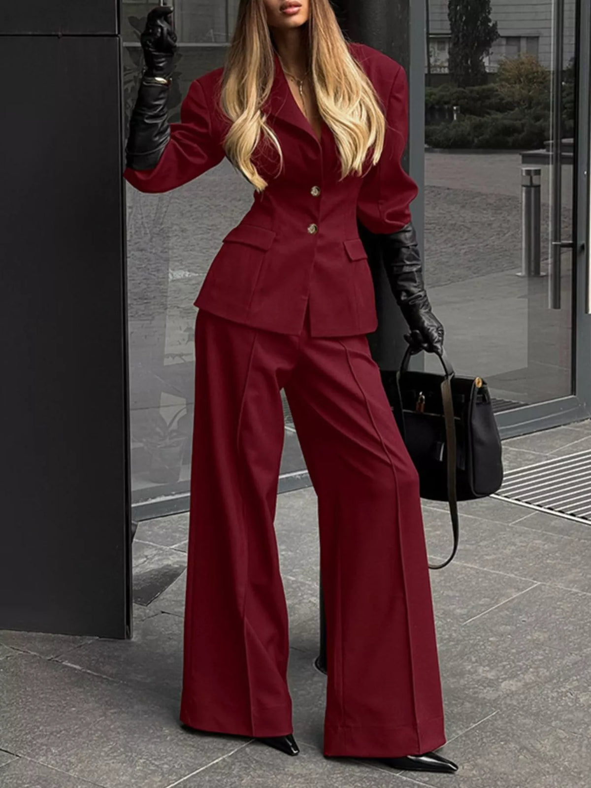 Lapel Collar Blazer and Wide-Leg Pants Set in Wine Red, view 5