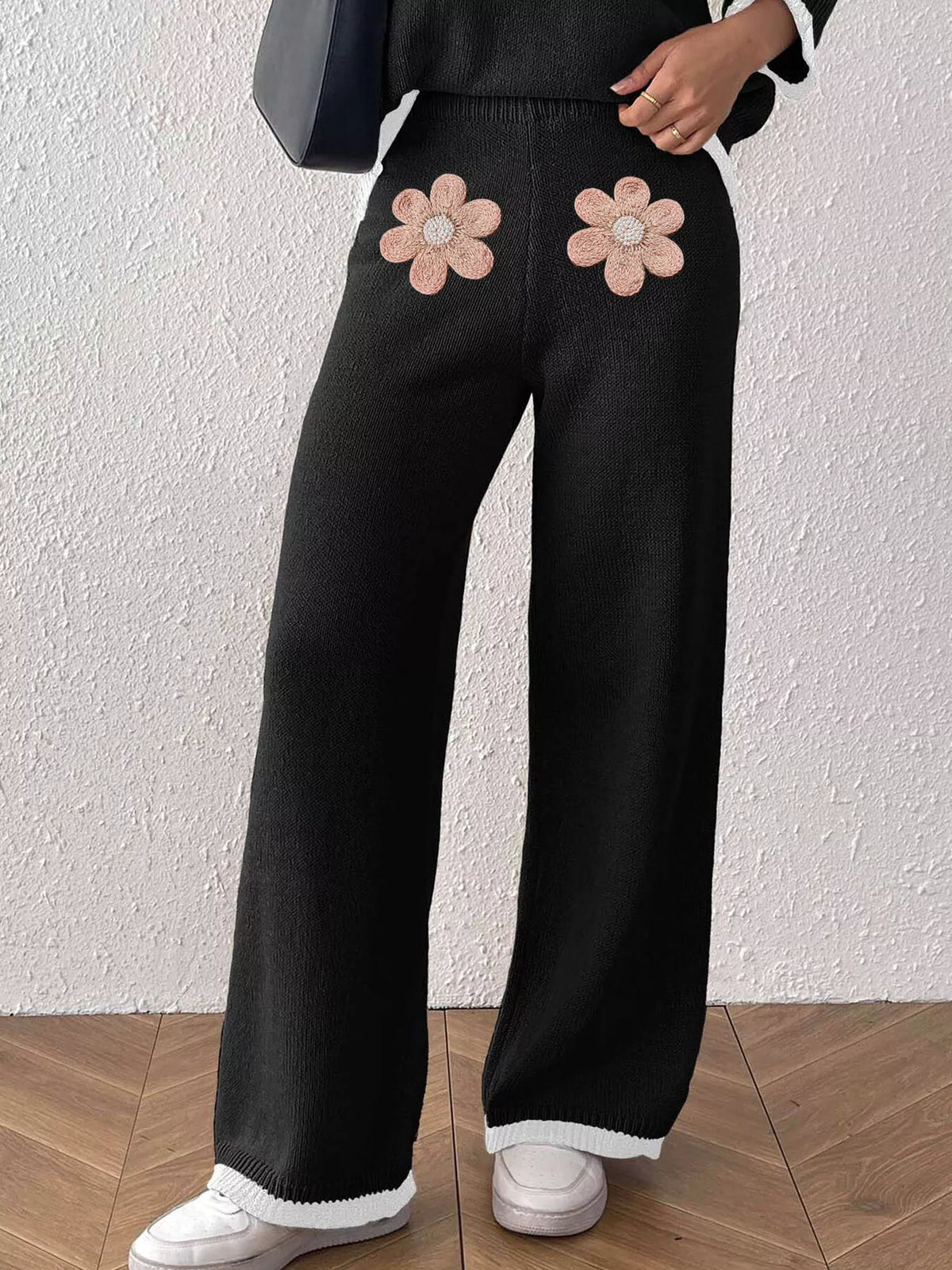 Floral Applique High-Waisted Wide-Leg Sweater Pants